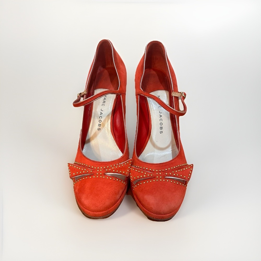 Marc Jacobs Red Suede Ankle Strap Gold Studded Bow High Heels 39 8.5-9 Mary Jane